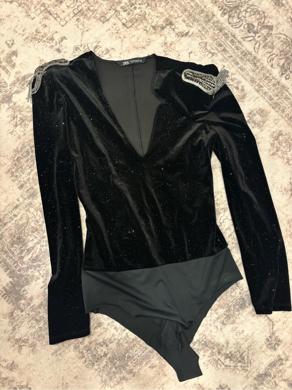 Zara Black Velvet Sparkle Bodysuit with Embellished Shoulders - Picture 2 of 5